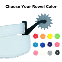 Load image into Gallery viewer, ShoeTails Mini Spinning Spurs Black with Customized Rowel Color for Crocs* (1 Pair)
